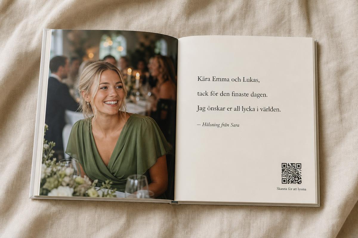 Uppslagen tryckt bok med gästens bild till vänster och hennes hälsning med QR-kod till höger