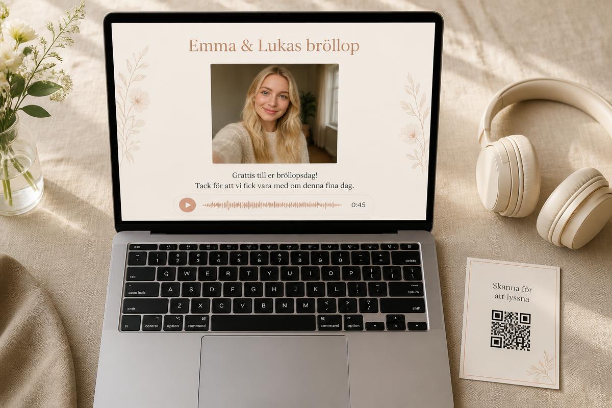 Laptop som visar webbalbum med gästens selfie, hälsning och uppspelningsbar ljudfil, med hörlurar och QR-kort bredvid