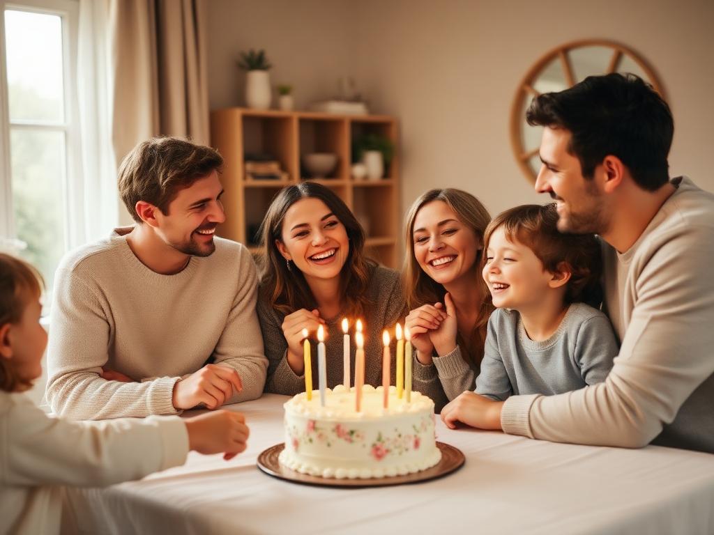 Familj som firar födelsedag med tårta och tända ljus runt ett bord